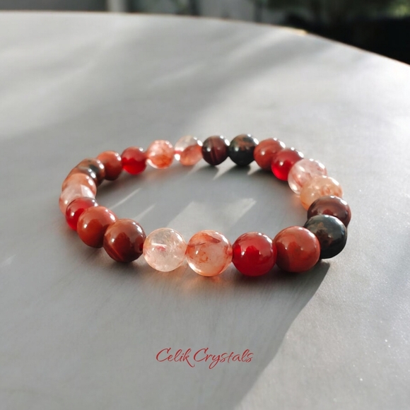 Fire Quartz, Red Tiger Eye, Carnelian & More Crystals Bracelet Unisex 8mm - Picture 4 of 9